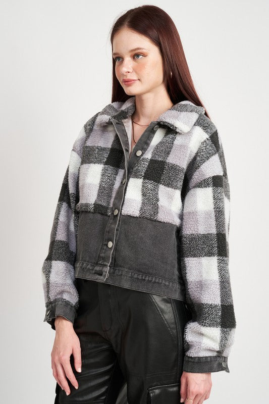 Fleece Jacket with Denim Plaid Detail