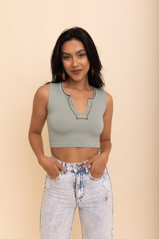 Ribbed Henley Bralette in Sage