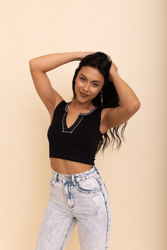 RIbbed Henley Bralette in Black