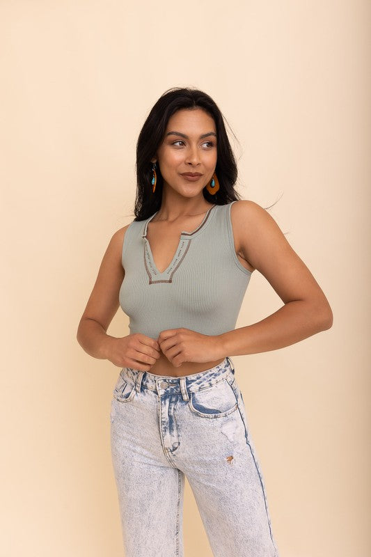 Ribbed Henley Bralette in Sage