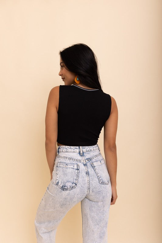 RIbbed Henley Bralette in Black