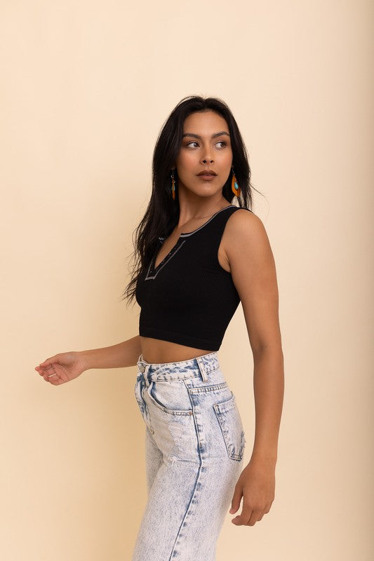 RIbbed Henley Bralette in Black