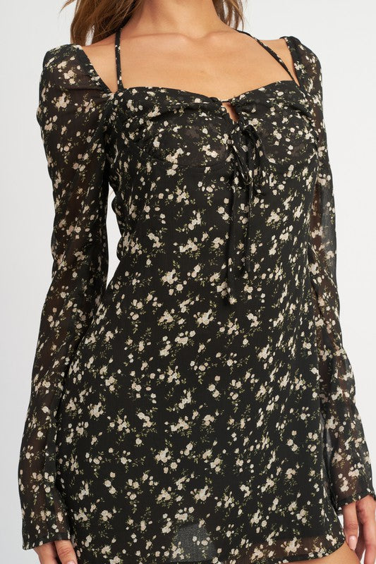 Floral Long Sleeve Dress with Halter
