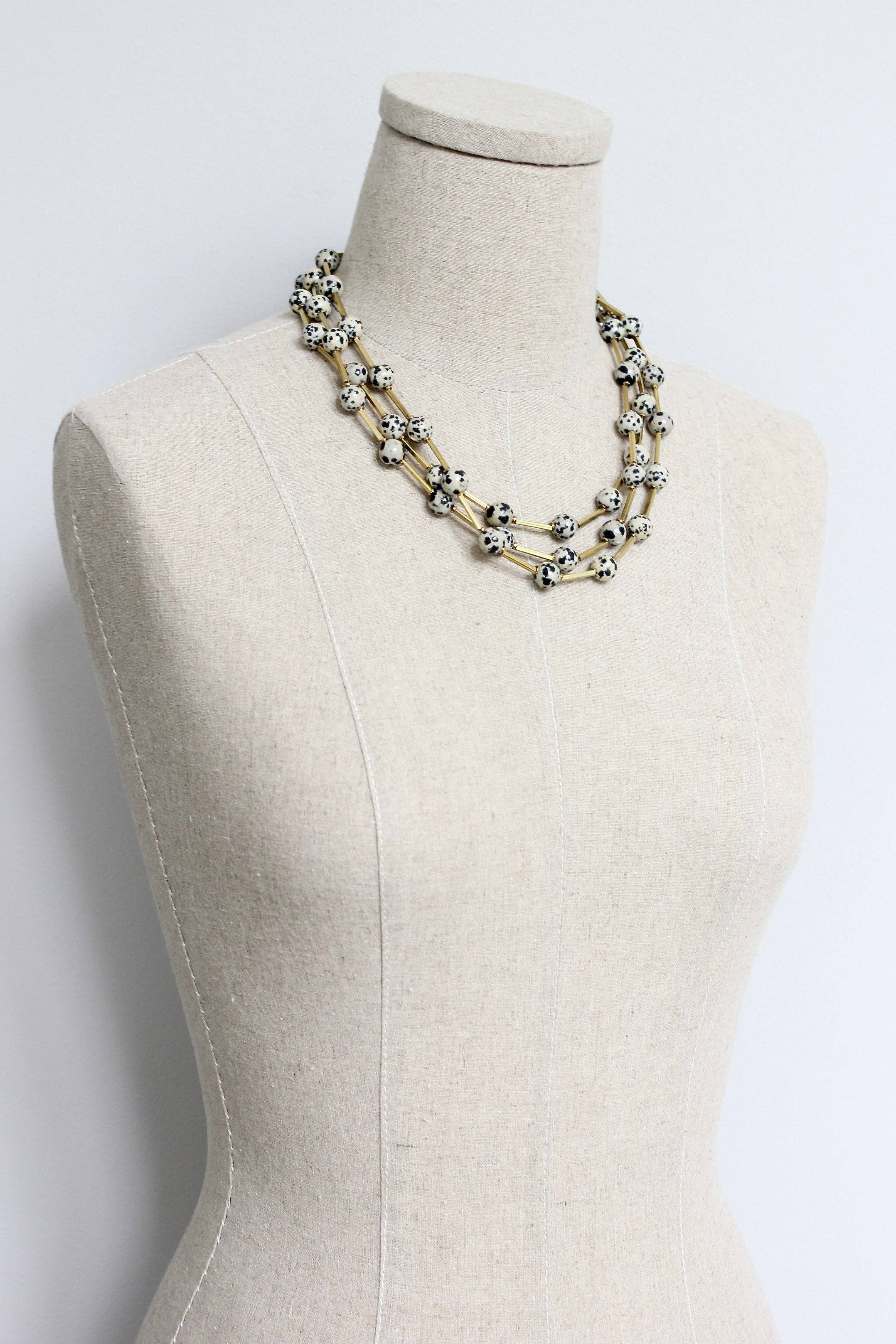 HYL160 Dalmatian jasper and brass necklace