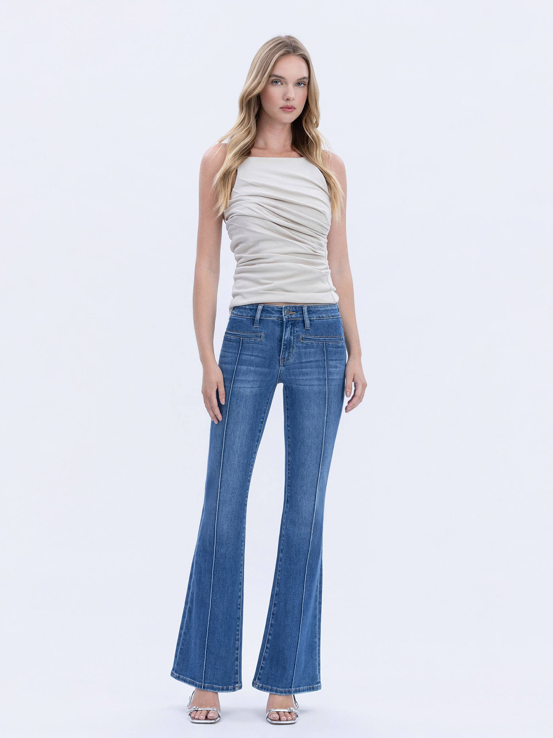 MID RISE WELT POCKET PIN TUCK FLARE JEANS F6324