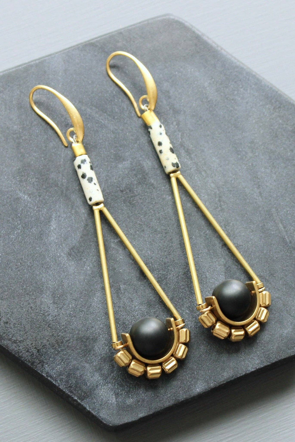 LEXE49 Dalmatian jasper and jet glass earrings