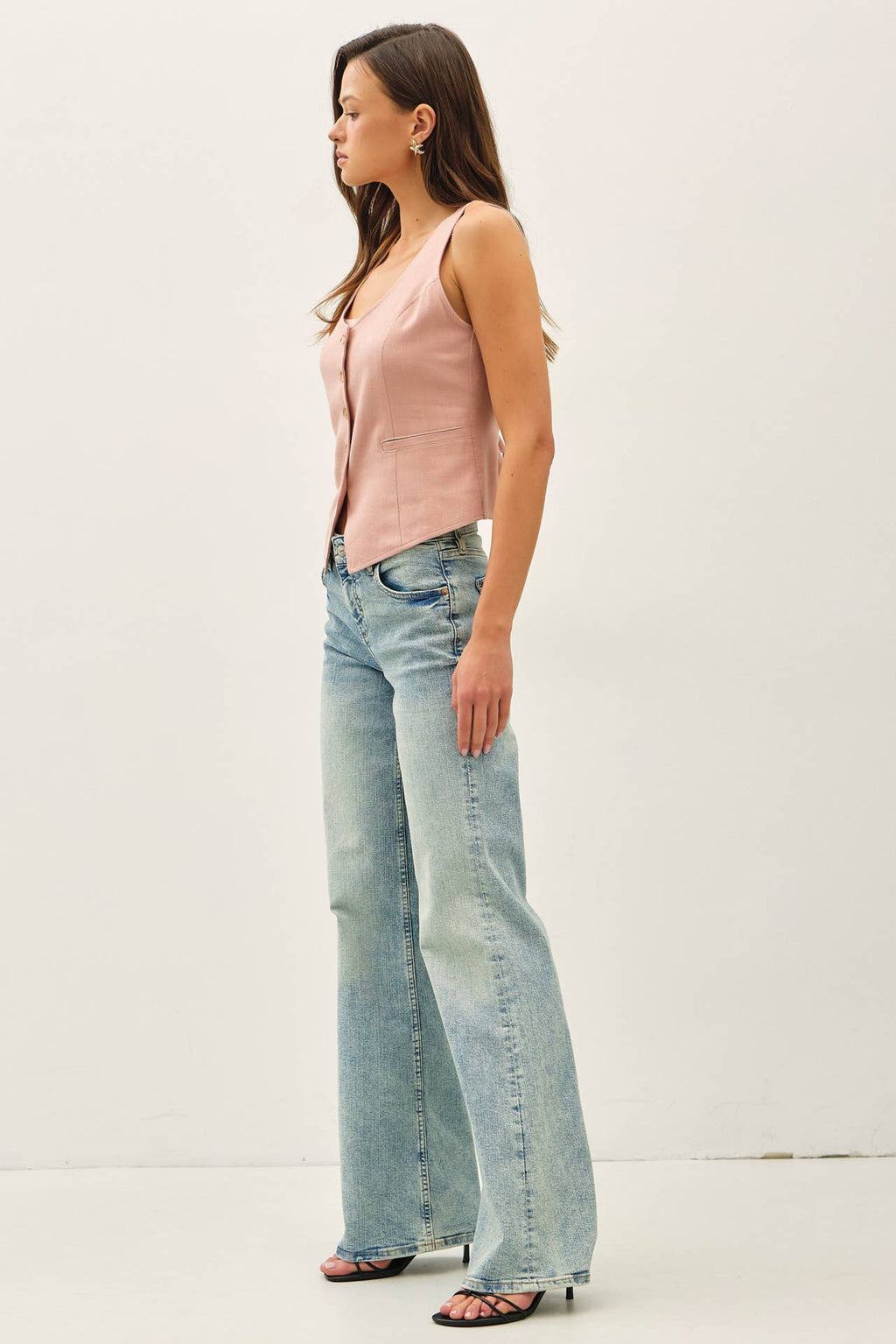LINEN CLASSIC CUT VEST W BELTING AT BACK