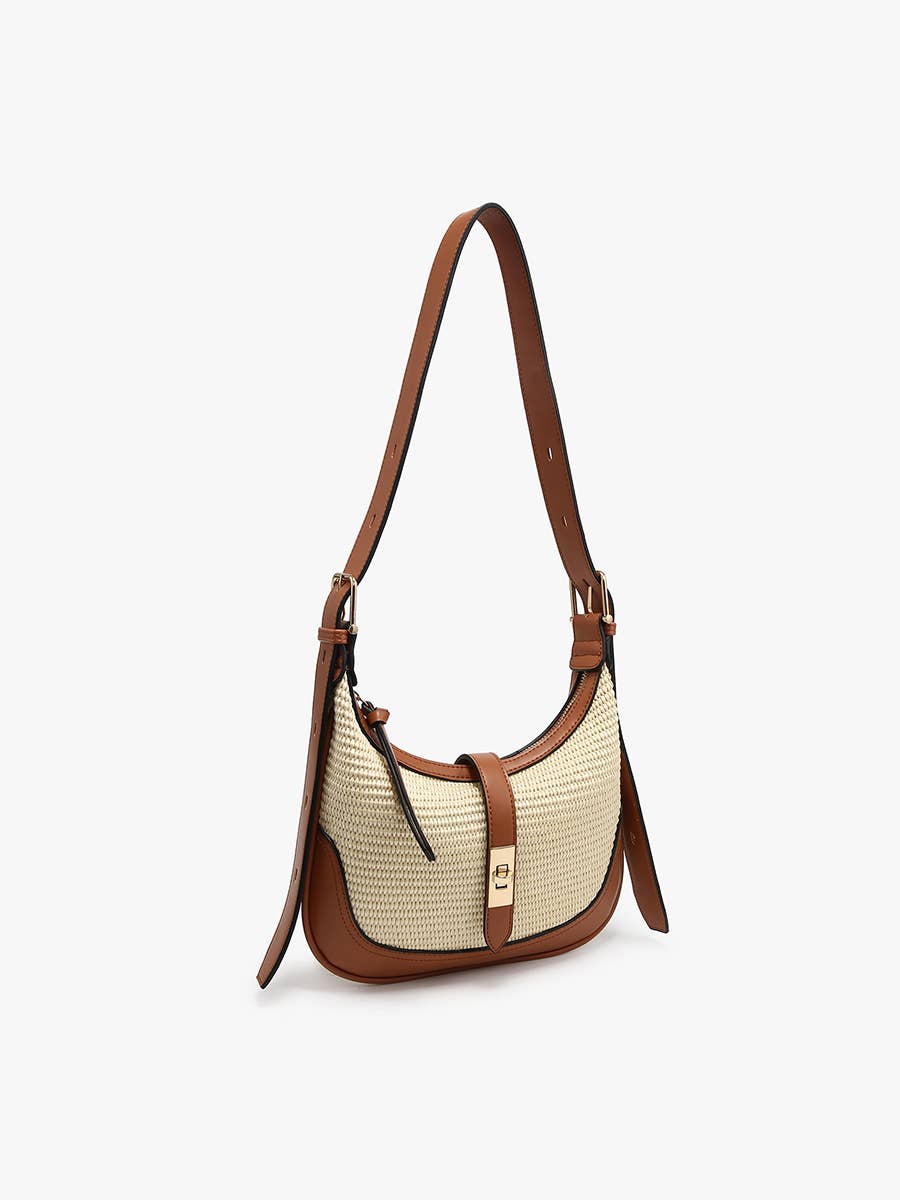 M2825 Ariana Straw Shoulder Bag w/ Top Zip & Twist-Lock Closure