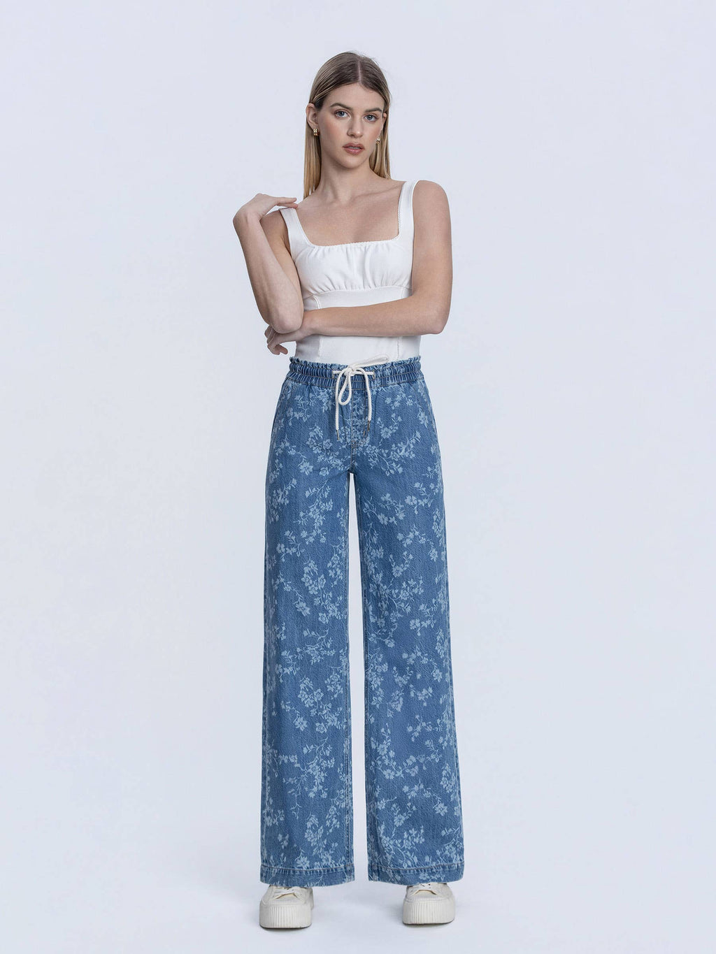HIGH RISE FLORAL PRINT BAGGY WIDE LEG JEANS T7328VFR
