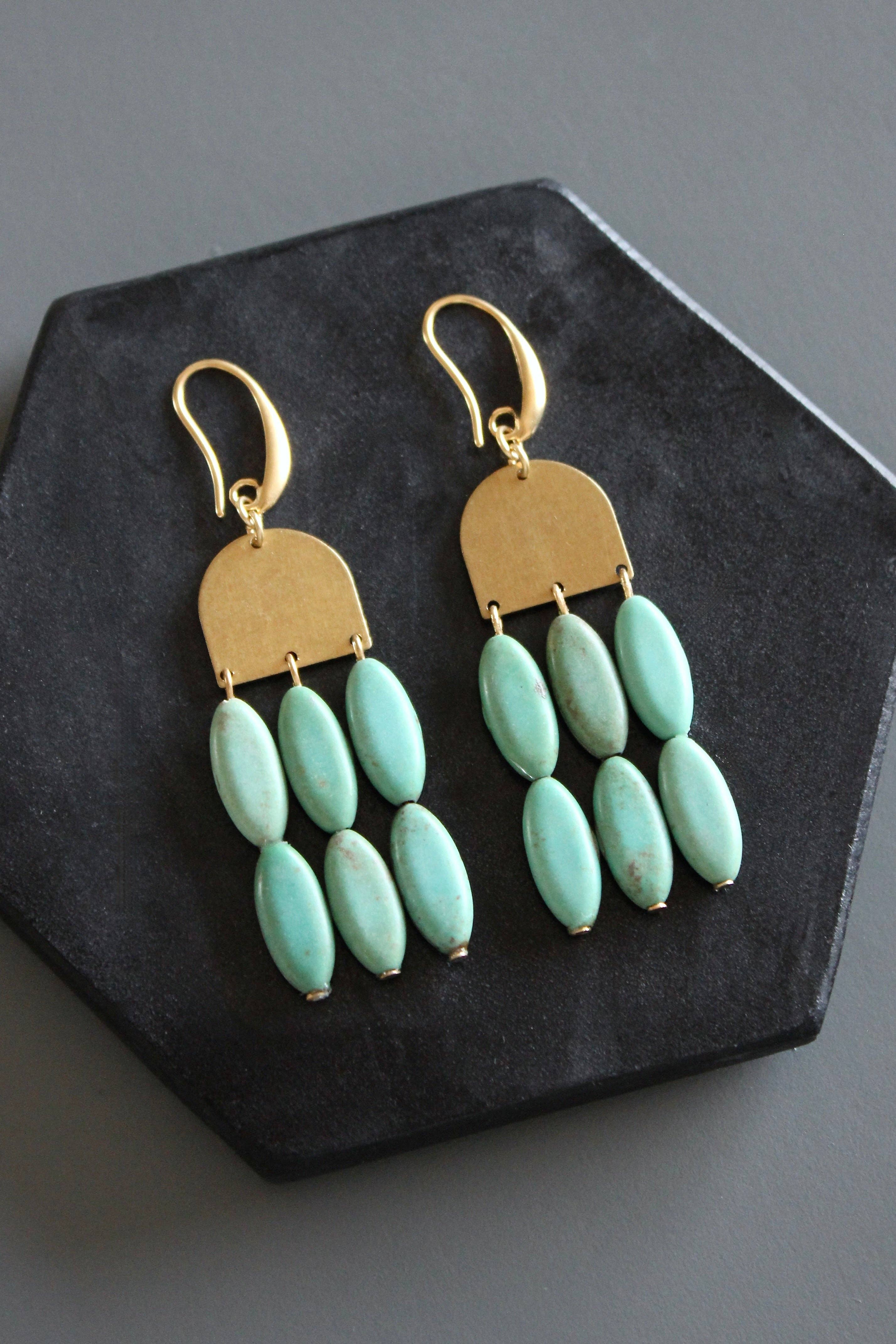 MLNE42 Turquoise and brass geometric earrings