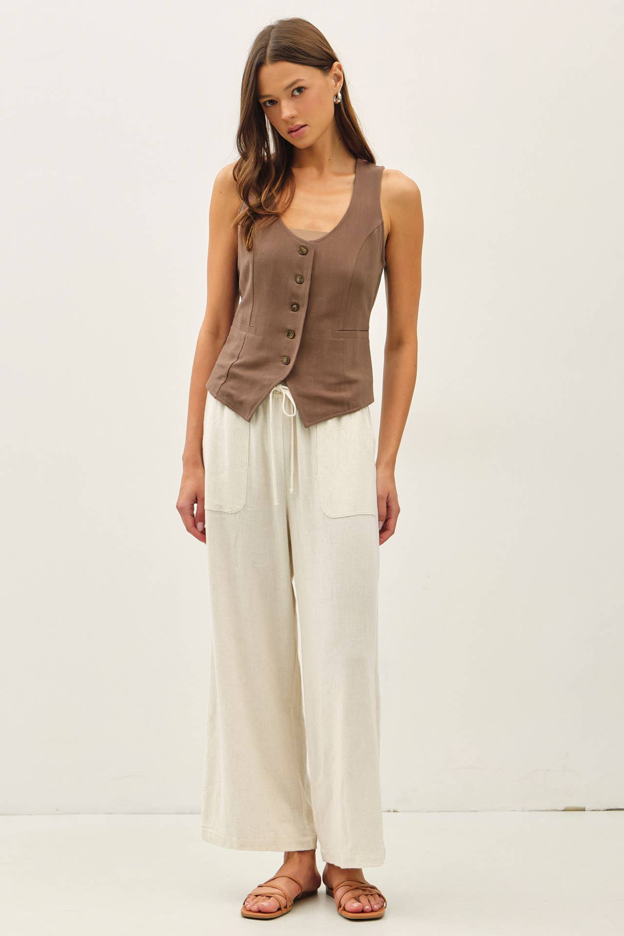 LINEN CLASSIC CUT VEST W BELTING AT BACK