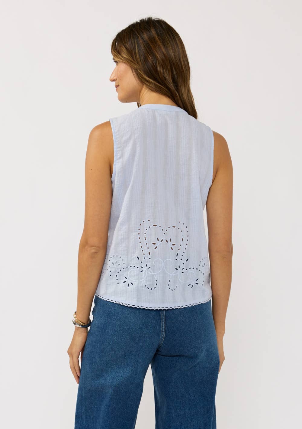 Button Front Pintuck Tank With Embroidery