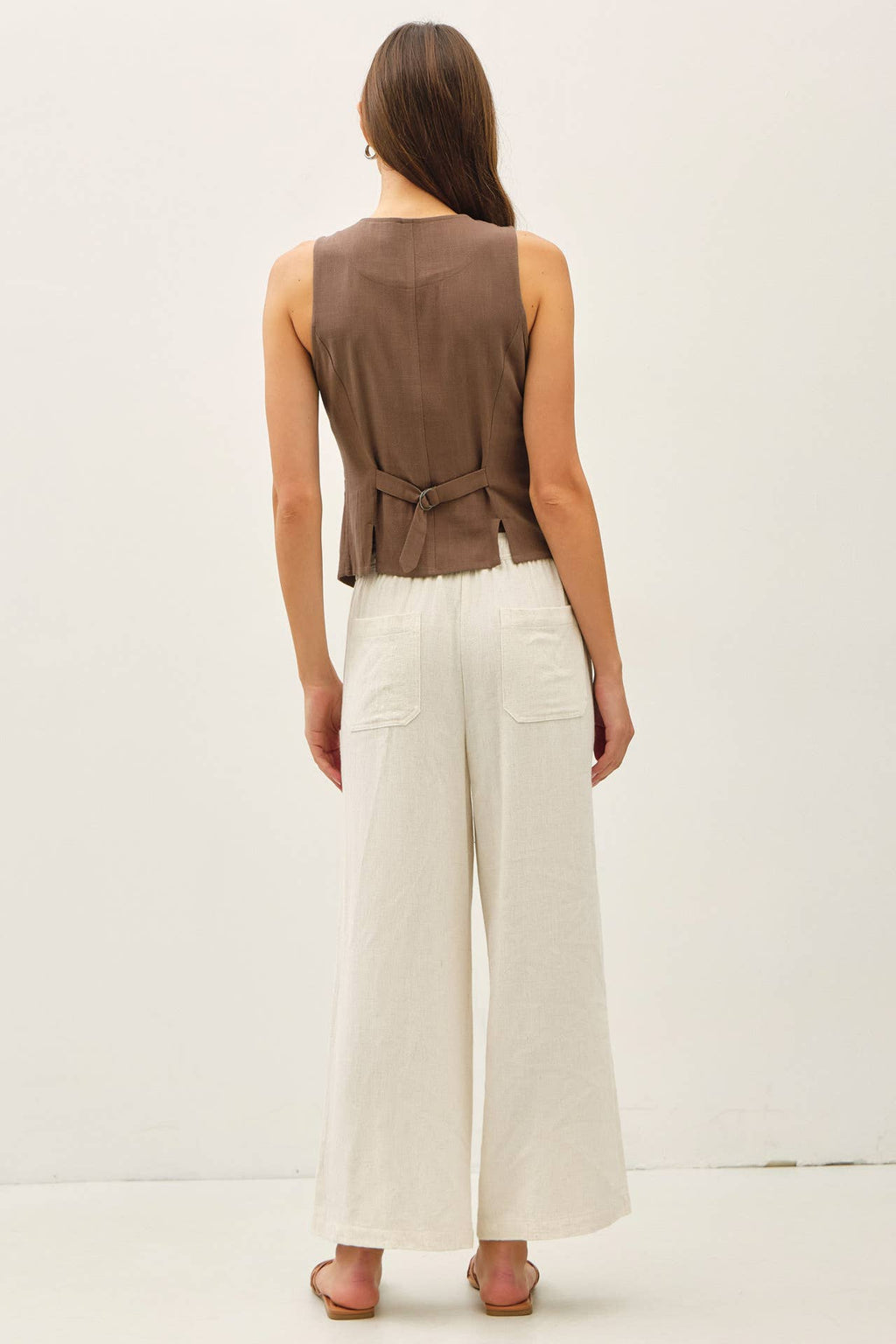 LINEN CLASSIC CUT VEST W BELTING AT BACK