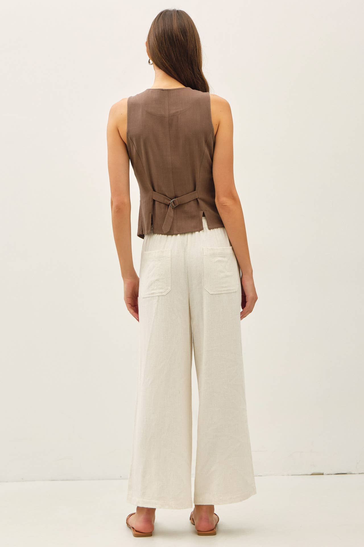 LINEN CLASSIC CUT VEST W BELTING AT BACK
