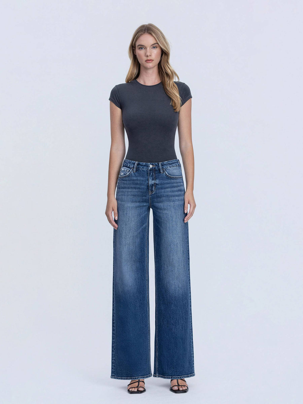 HIGH RISE DARK SEAMLESS WAISTBAND WIDE LEG JEANS T7148