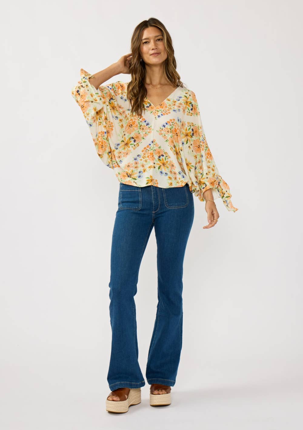 V Neck Dolman Top with Sleeve Ties