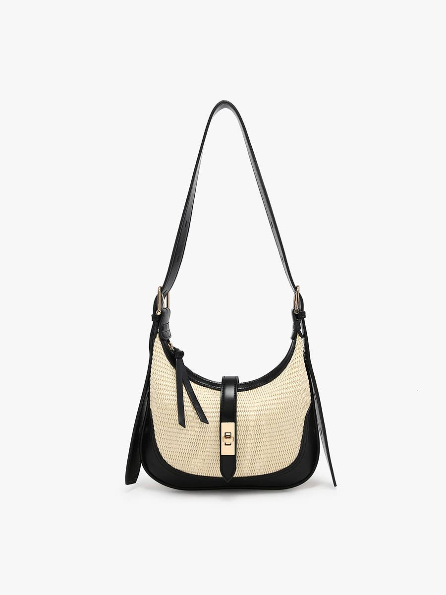 M2825 Ariana Straw Shoulder Bag w/ Top Zip & Twist-Lock Closure