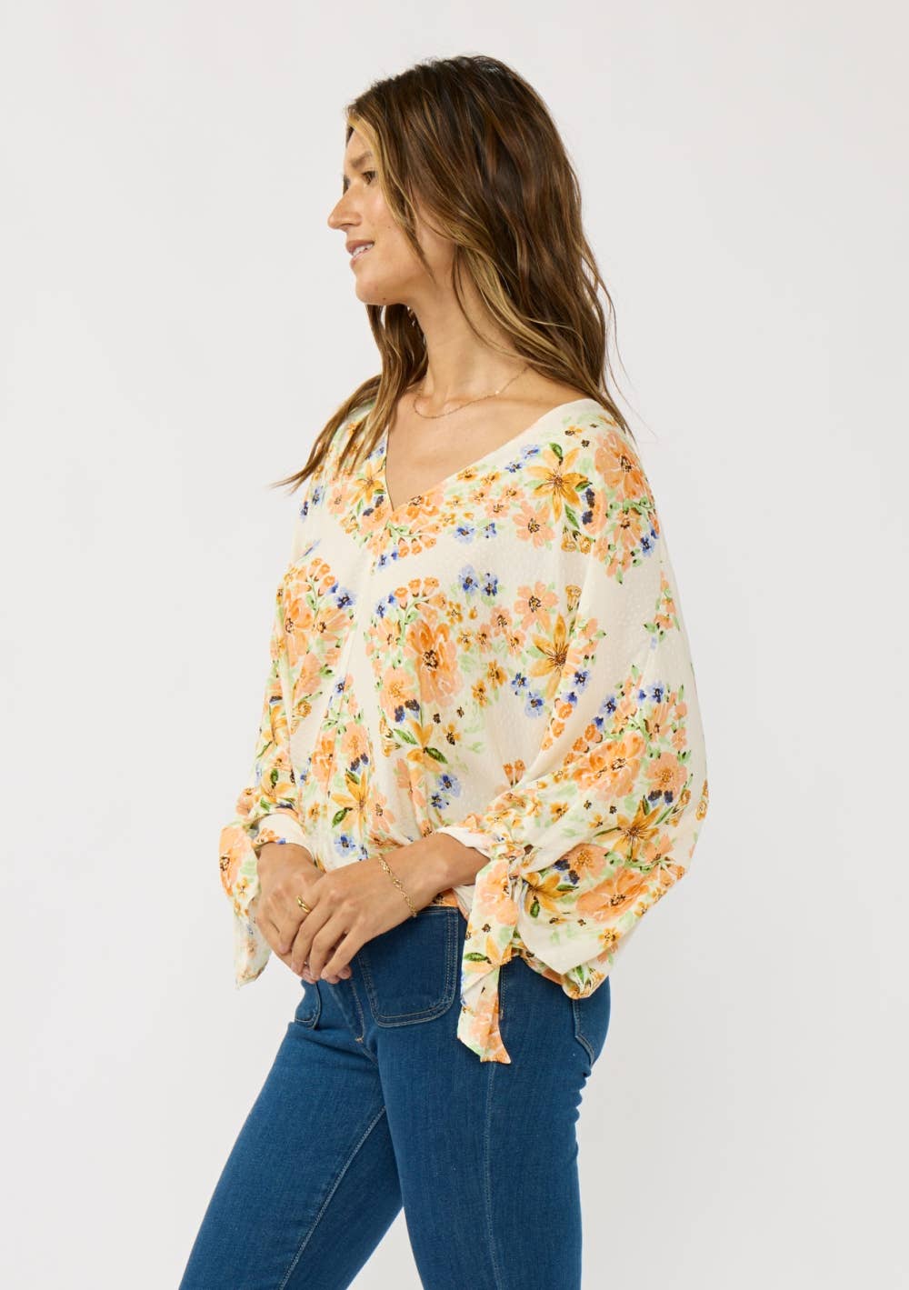 V Neck Dolman Top with Sleeve Ties