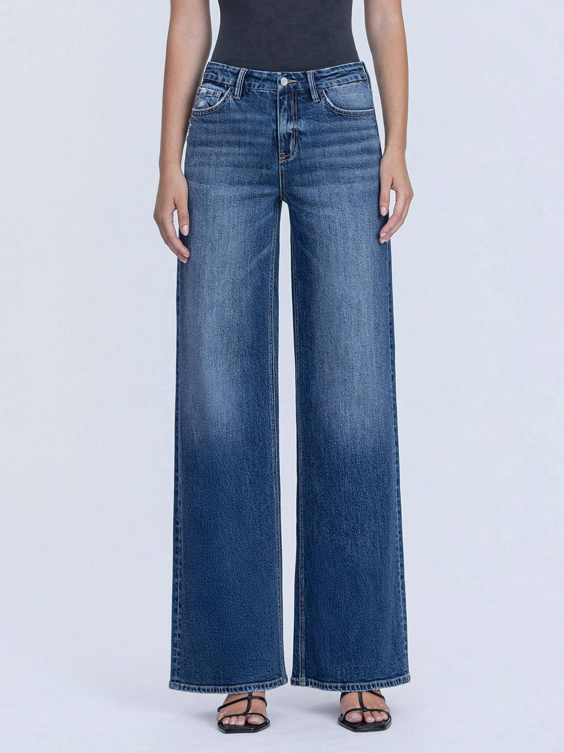 HIGH RISE DARK SEAMLESS WAISTBAND WIDE LEG JEANS T7148