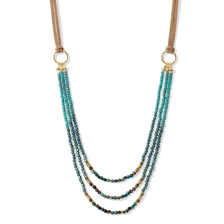 Triple Layer Beaded Necklace with Suede Accent