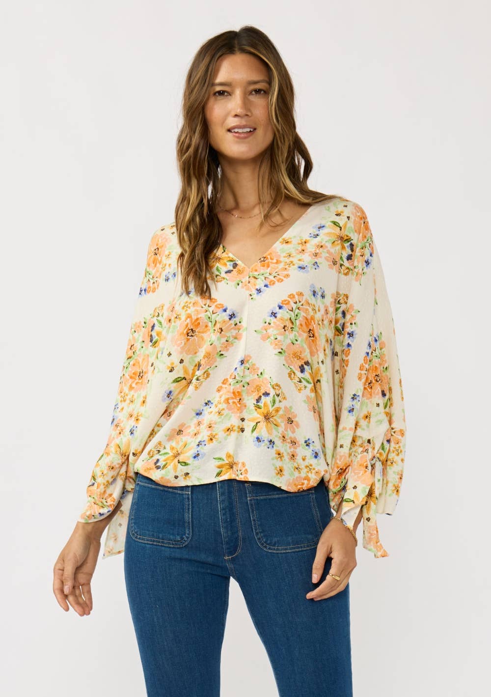 V Neck Dolman Top with Sleeve Ties