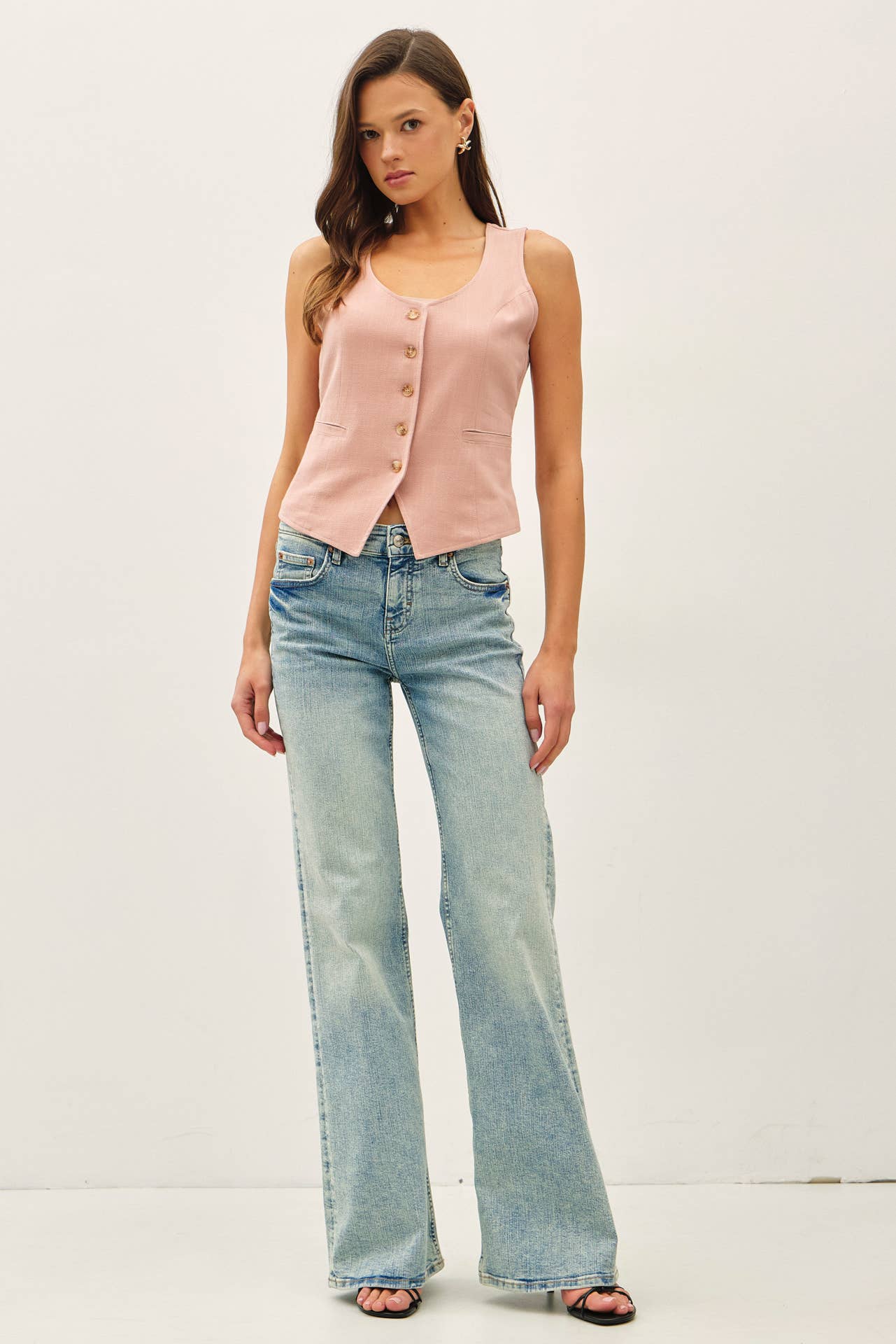 LINEN CLASSIC CUT VEST W BELTING AT BACK