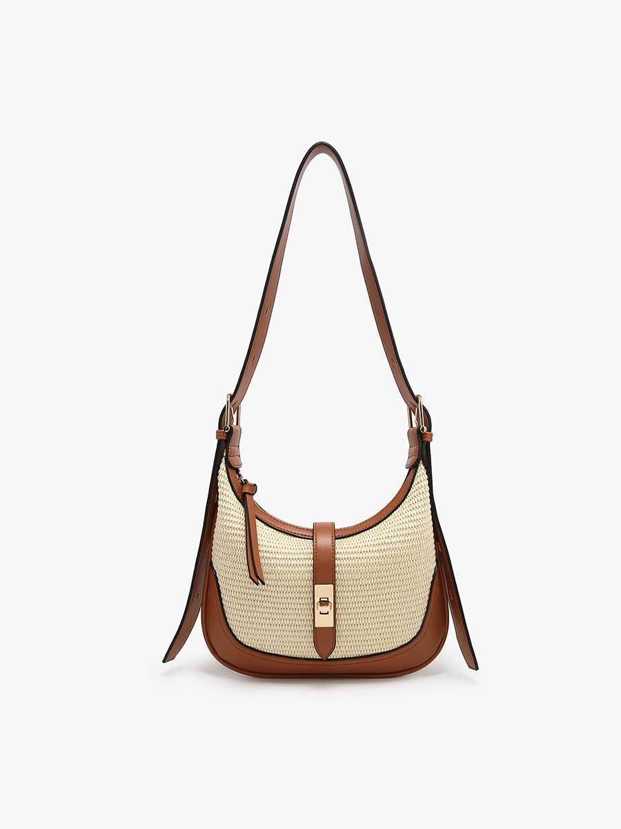 M2825 Ariana Straw Shoulder Bag w/ Top Zip & Twist-Lock Closure