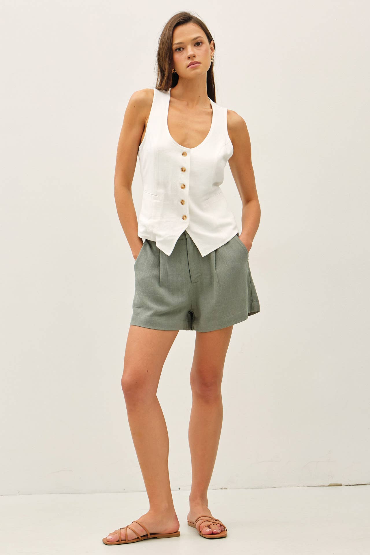 LINEN CLASSIC CUT VEST W BELTING AT BACK