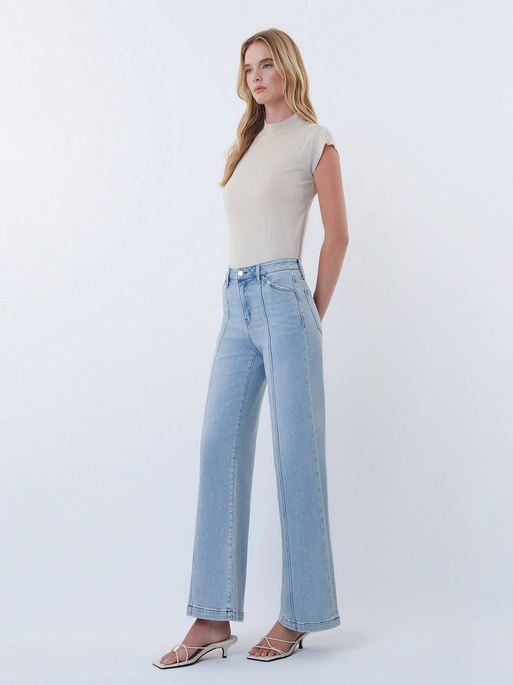 HIGH RISE CUT SEAM DETAIL LIGHT WASH WIDE JEANS