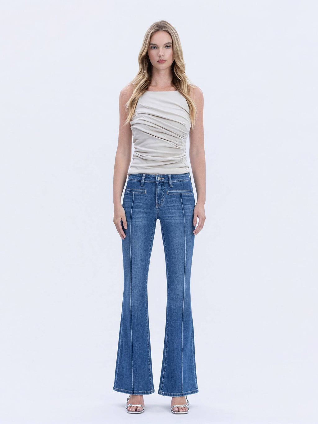 MID RISE WELT POCKET PIN TUCK FLARE JEANS F6324