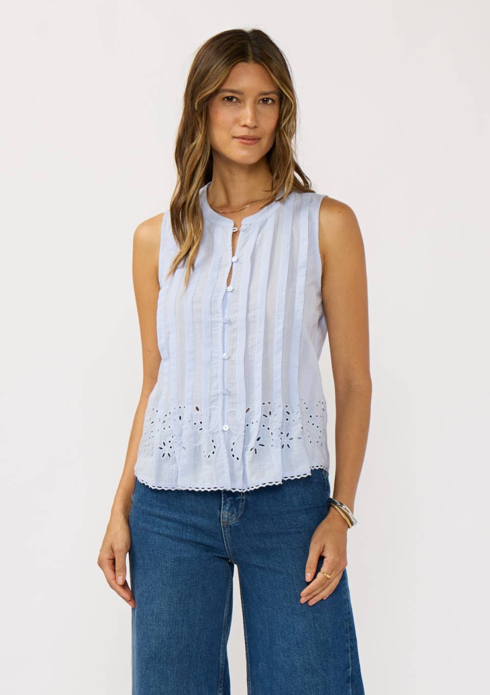 Button Front Pintuck Tank With Embroidery