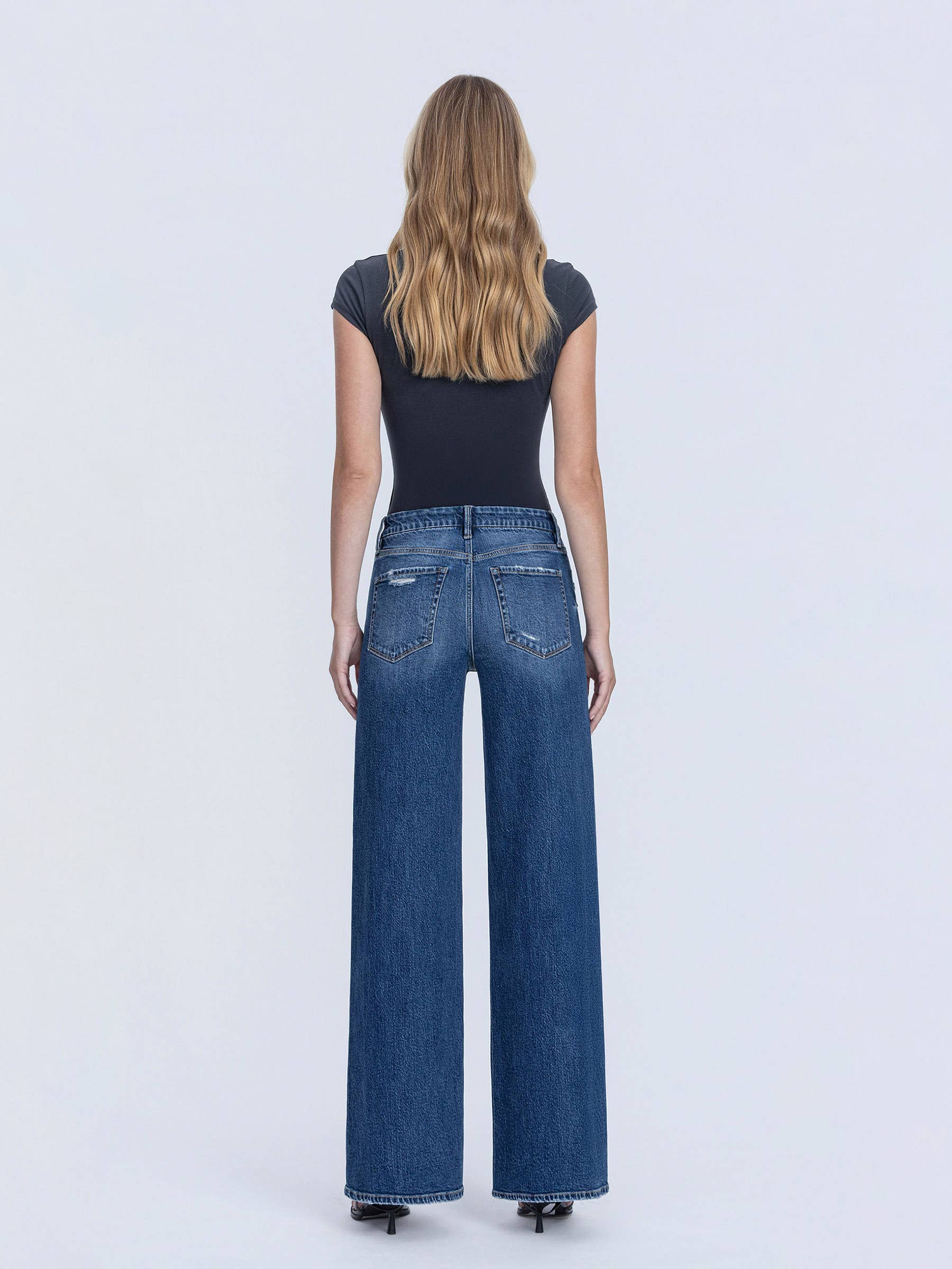 HIGH RISE DARK SEAMLESS WAISTBAND WIDE LEG JEANS T7148