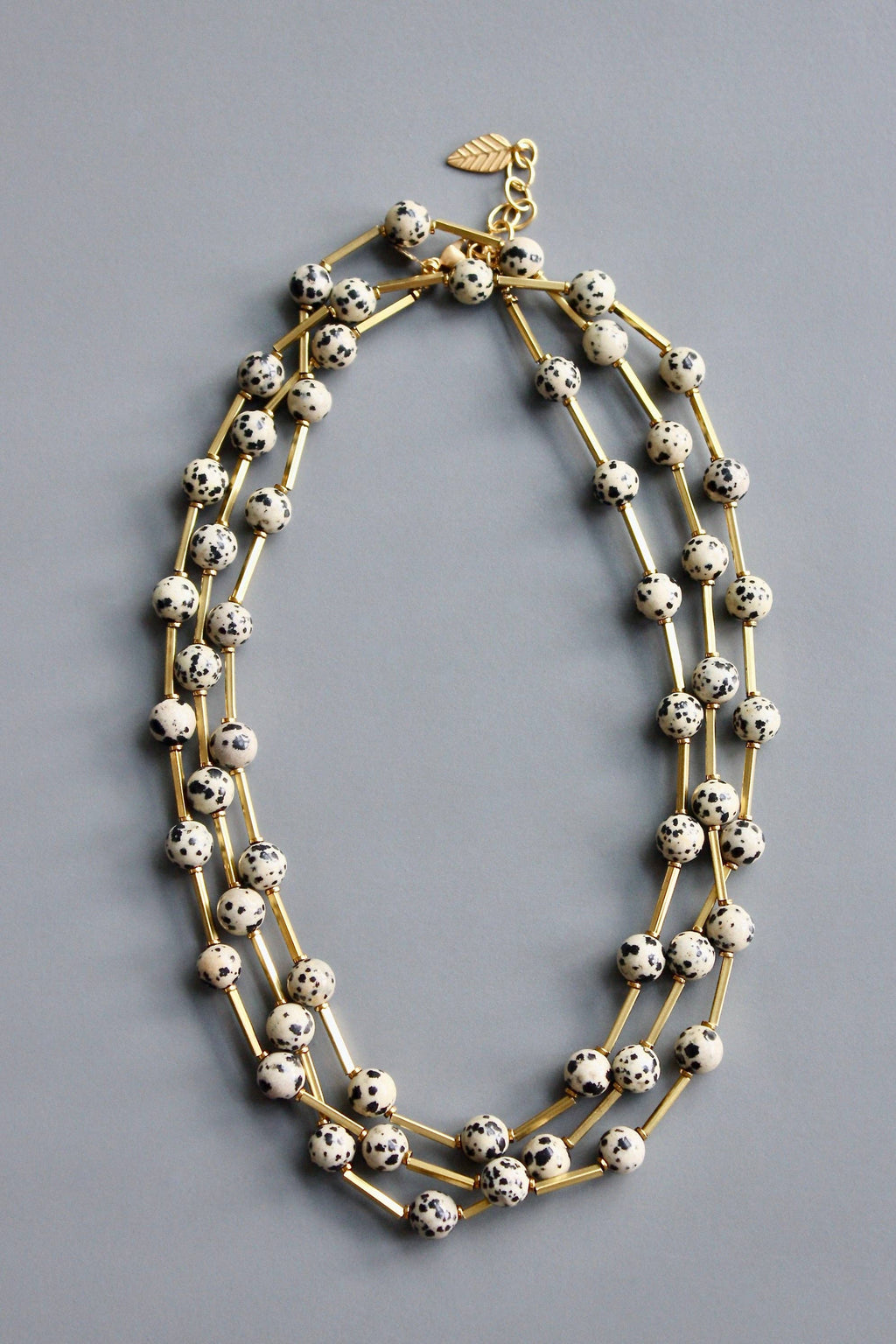 HYL160 Dalmatian jasper and brass necklace