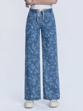 HIGH RISE FLORAL PRINT BAGGY WIDE LEG JEANS T7328VFR