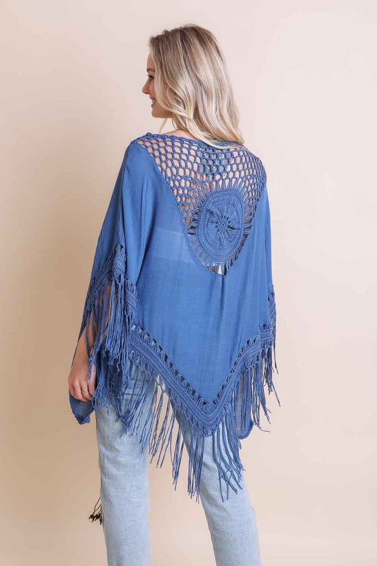 Crochet Medallion Tassel Kimono available in Mocha Denim Blue Ivory and Black