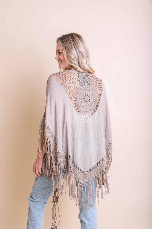 Crochet Medallion Tassel Kimono available in Mocha Denim Blue Ivory and Black