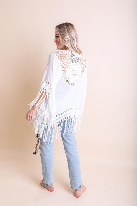 Crochet Medallion Tassel Kimono available in Mocha Denim Blue Ivory and Black