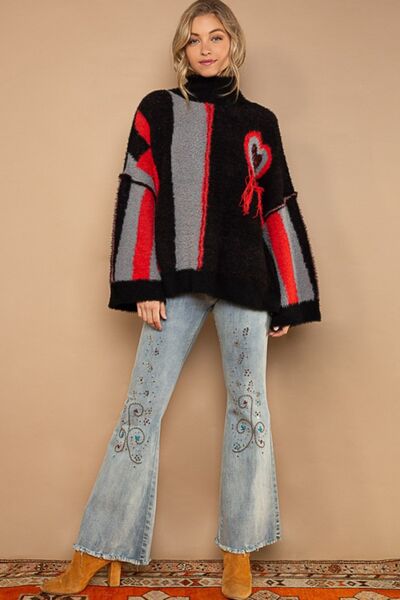 Turtleneck Color Block Fringe Sweater